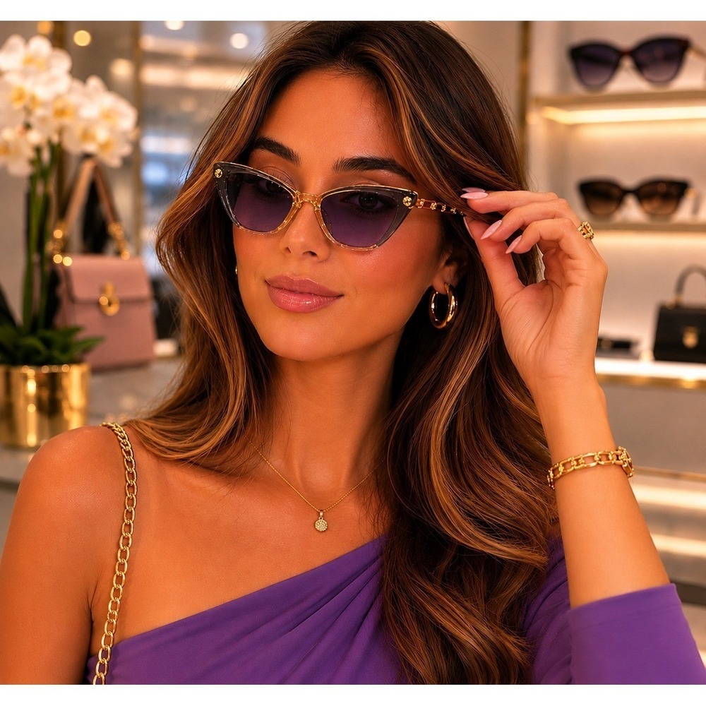 Women Two-Tone Cat Eye Sunglasses Gold Chain Link Temples Purple Gradient Lens
